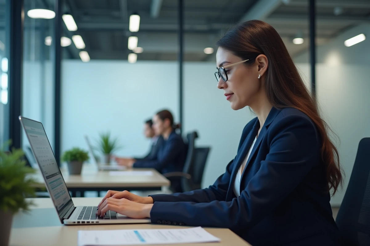 Professionnelle installant un certificat électronique sur un portail douane Pro depuis son bureau en entreprise
