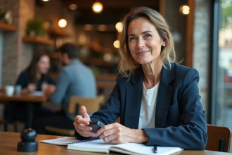 Femme interviewant un client dans un café moderne avec un enregistreur numérique pour capter la voix du client