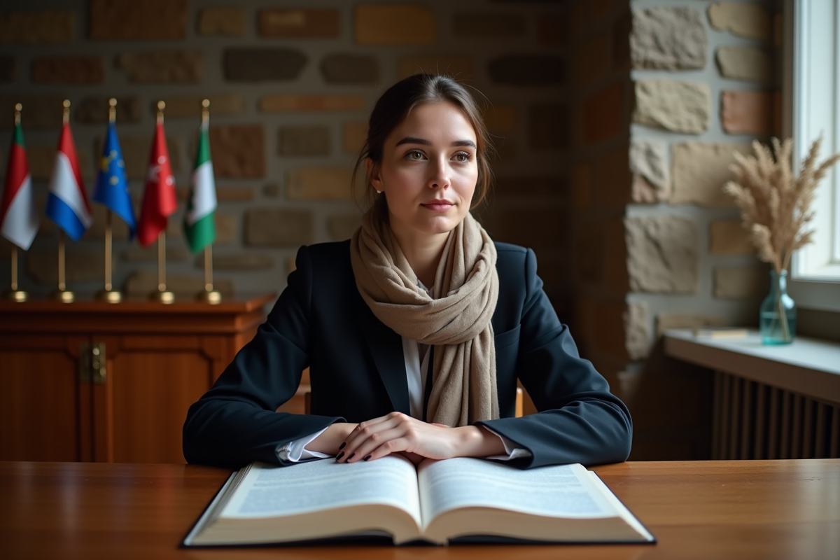 Jeune avocate étudiant un livre de droit international
