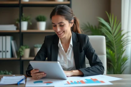 Jeune femme d'affaires analysant des graphiques marketing sur une tablette