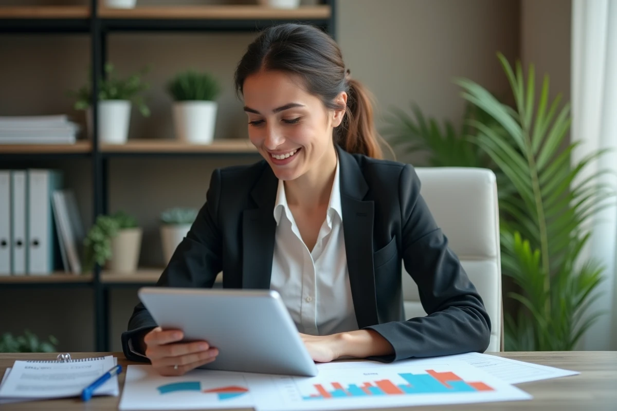 Jeune femme d'affaires analysant des graphiques marketing sur une tablette