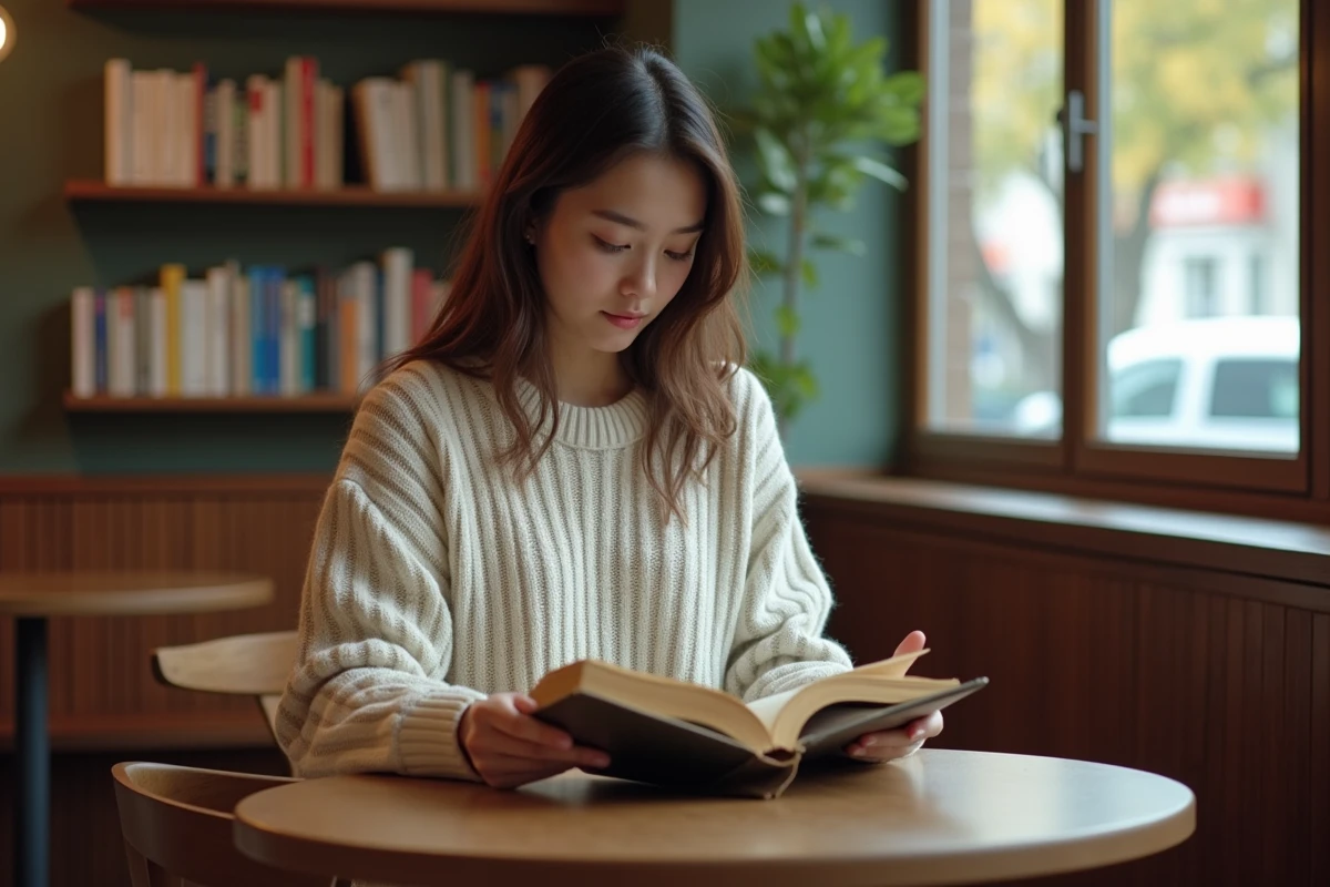 Jeune étudiante en marketing lisant un livre dans un café