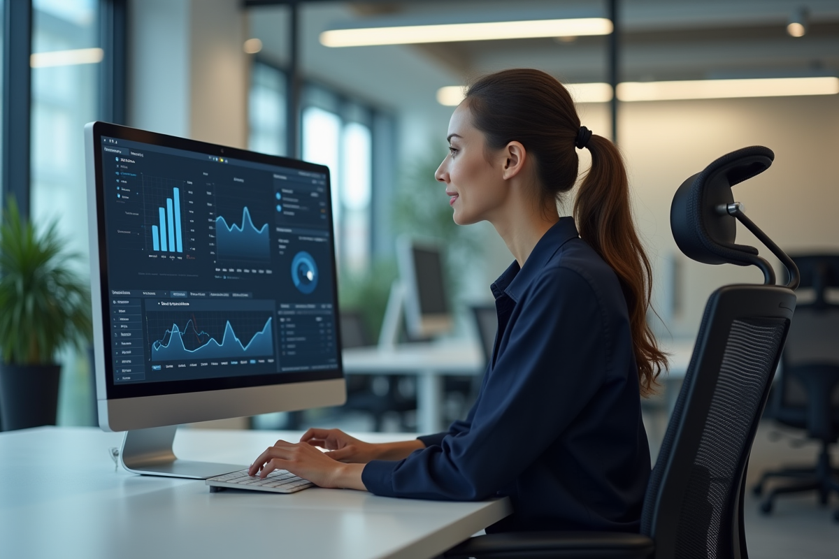 Jeune femme professionnelle analysant un tableau de bord numérique
