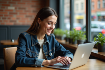 Jeune femme au café utilisant son ordinateur portable