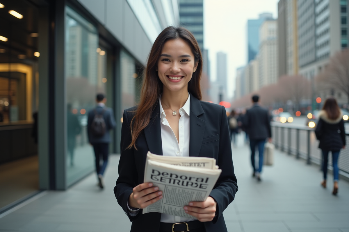 Jeune femme distribuant des journaux dans la rue en ville