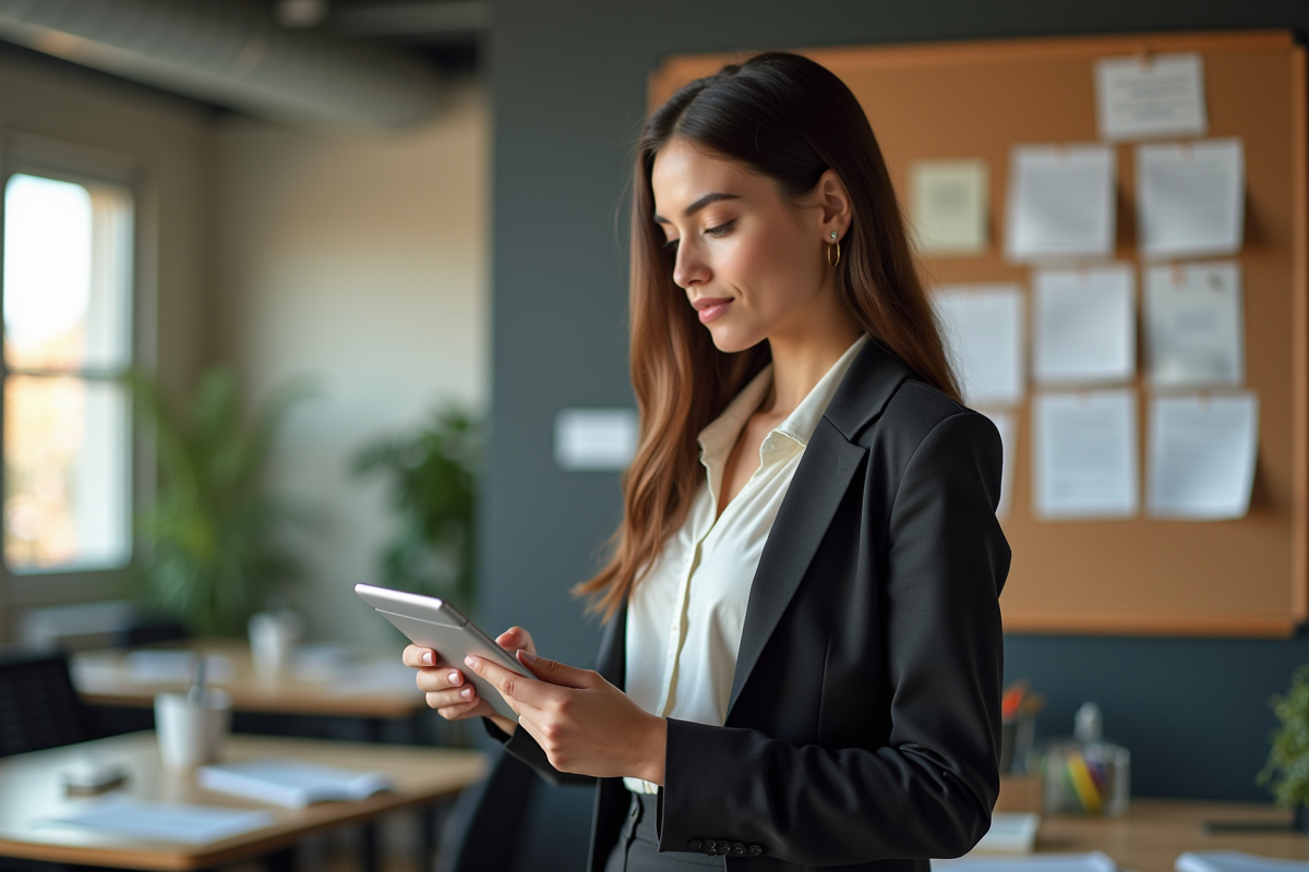 Jeune femme entrepreneure examinant un plan d