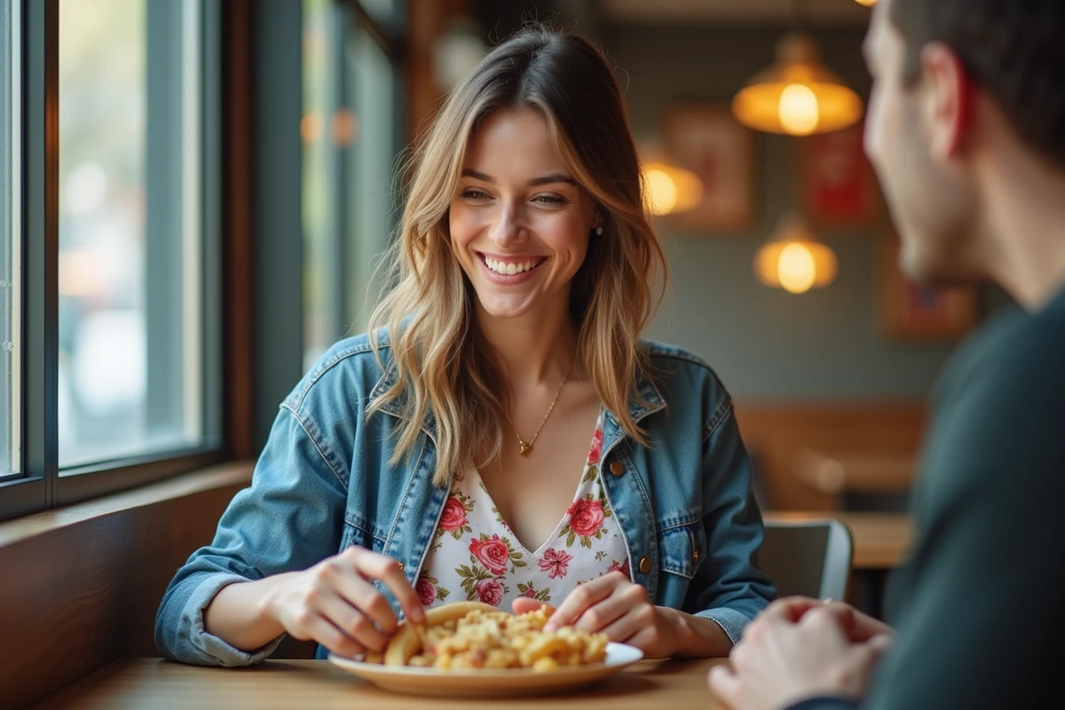 Jeune femme corse dégustant plat régional en intérieur