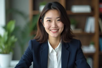 Jeune femme professionnelle en blazer navy souriante en bureau