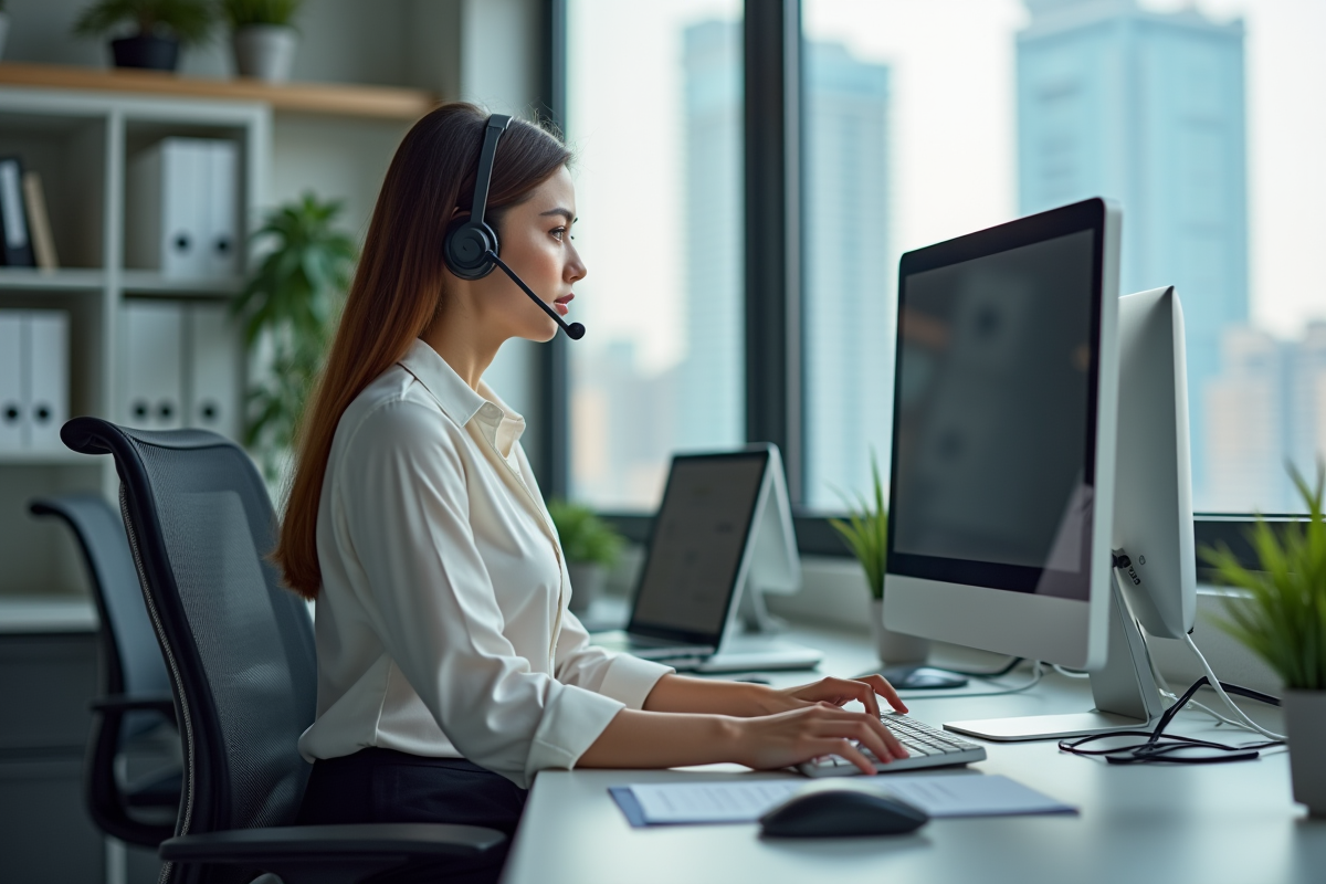 Jeune femme parlant au headset dans un espace de travail moderne