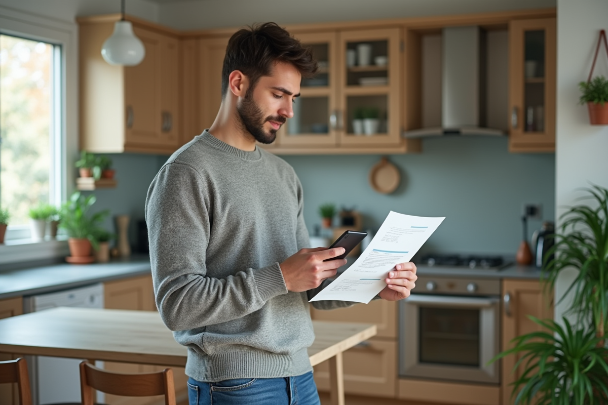 Jeune homme regardant un contrat avec son smartphone