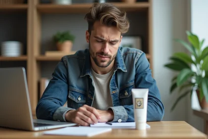 Jeune homme regardant un tube en plastique dans un espace moderne