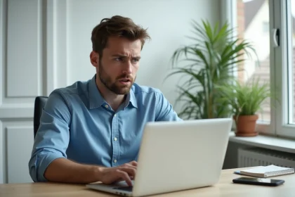 Jeune homme frustr&eacute; au bureau &agrave; domicile