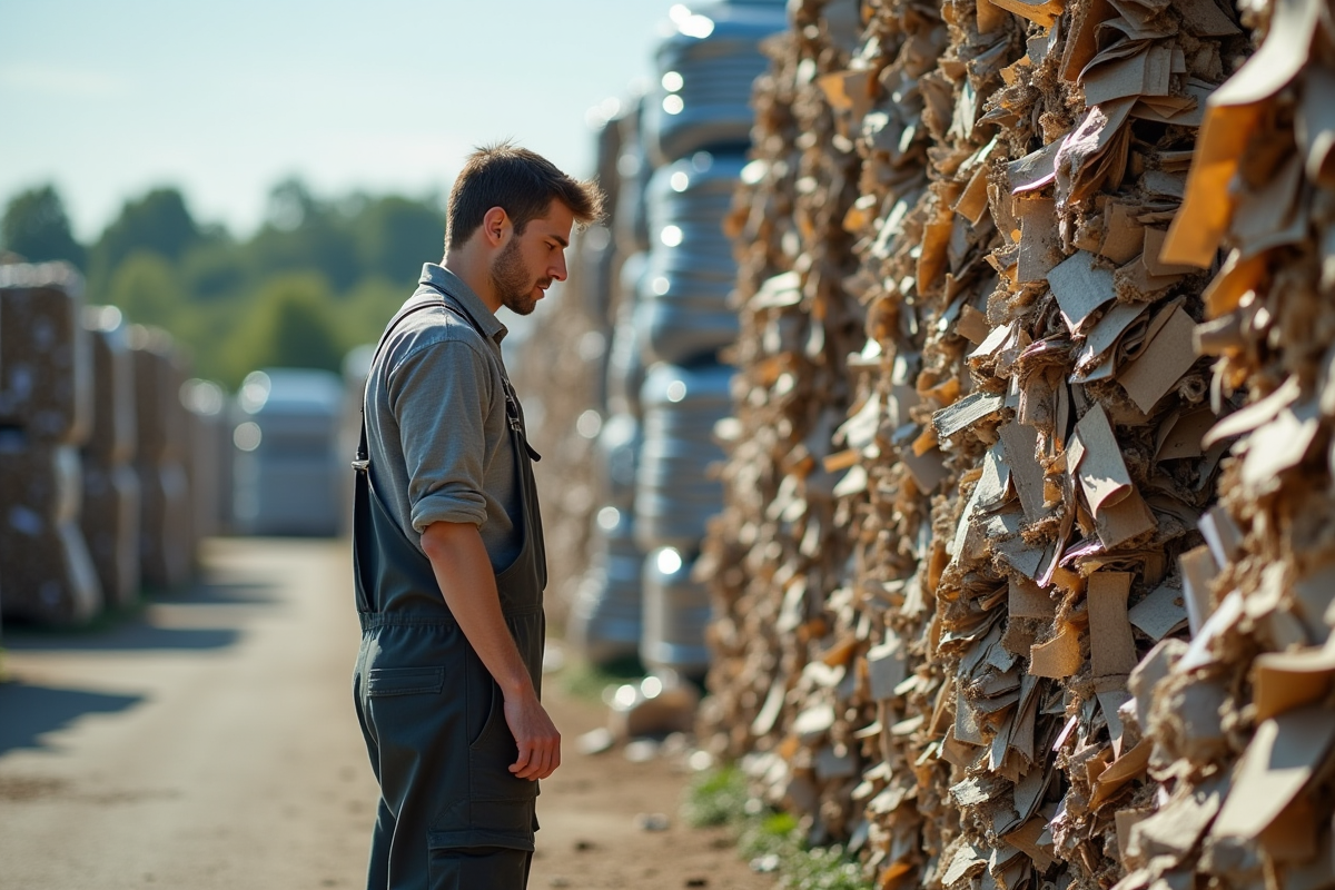 Jeune homme inspectant des matériaux recyclés en extérieur
