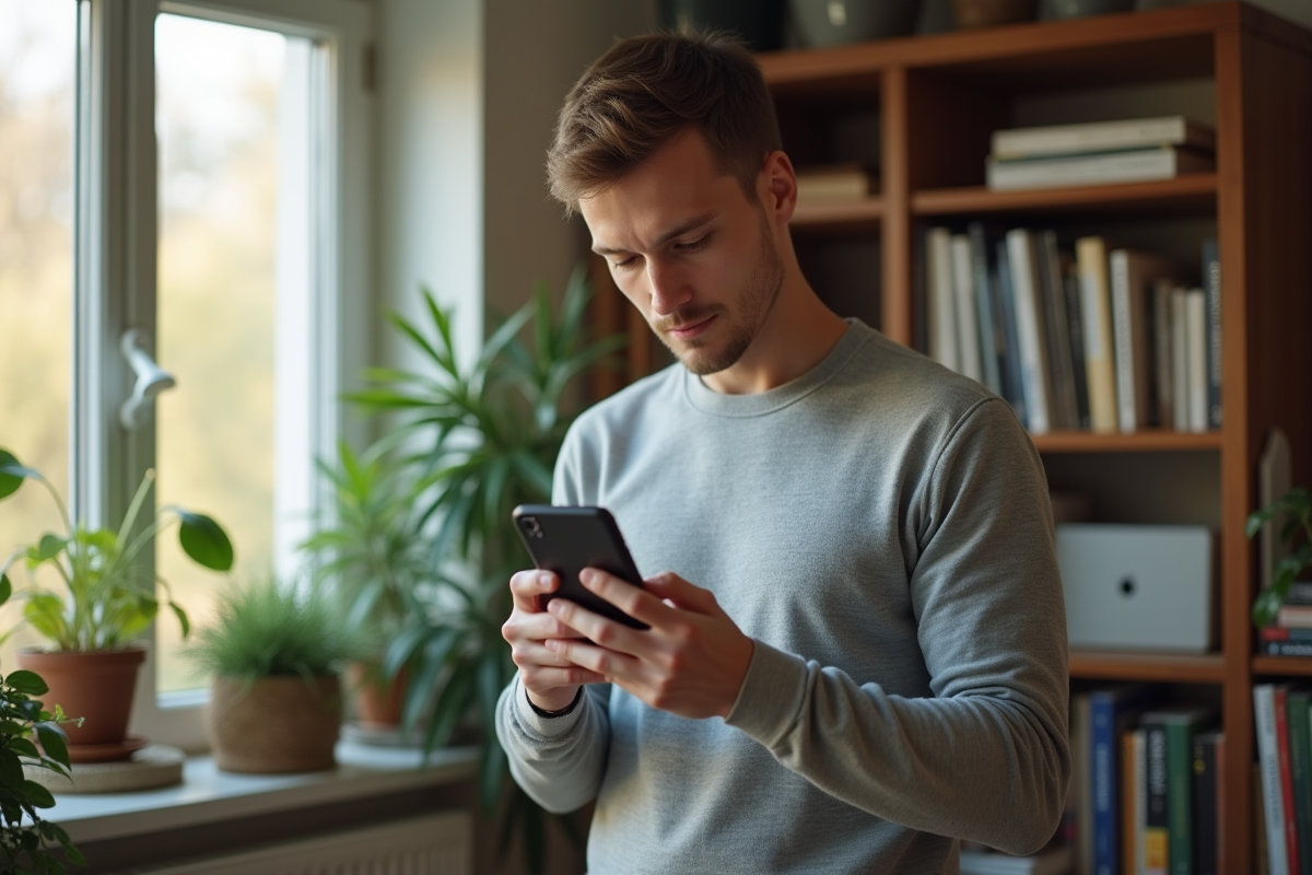Jeune homme regardant un email sur son smartphone à la maison
