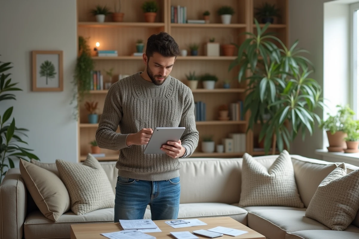 Jeune homme avec sweat regarde une tablette dans le salon