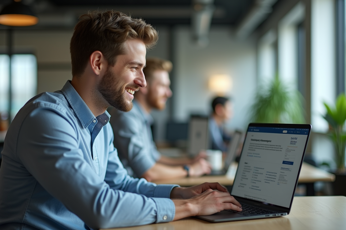 Jeune homme souriant utilisant un ordinateur dans un espace de coworking