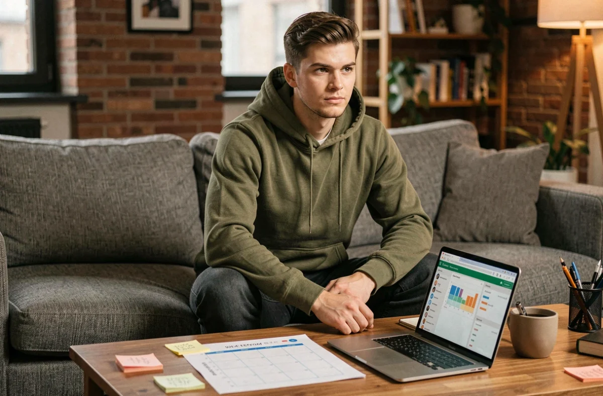 Jeune professionnel organisant sa semaine avec un planning imprimé et un tableau de bord de productivité sur ordinateur portable