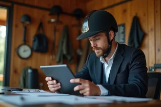 Jockey homme en veste et casque consulte une tablette dans un box