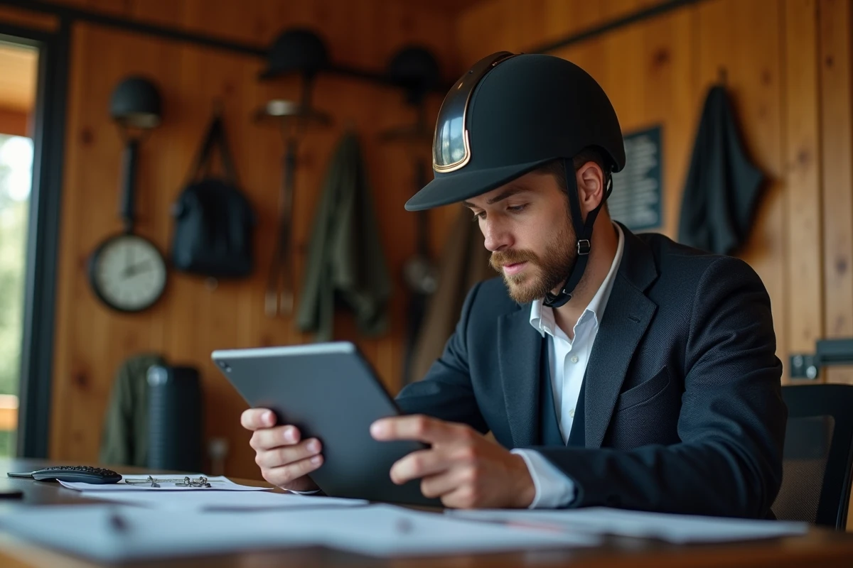 Jockey homme en veste et casque consulte une tablette dans un box