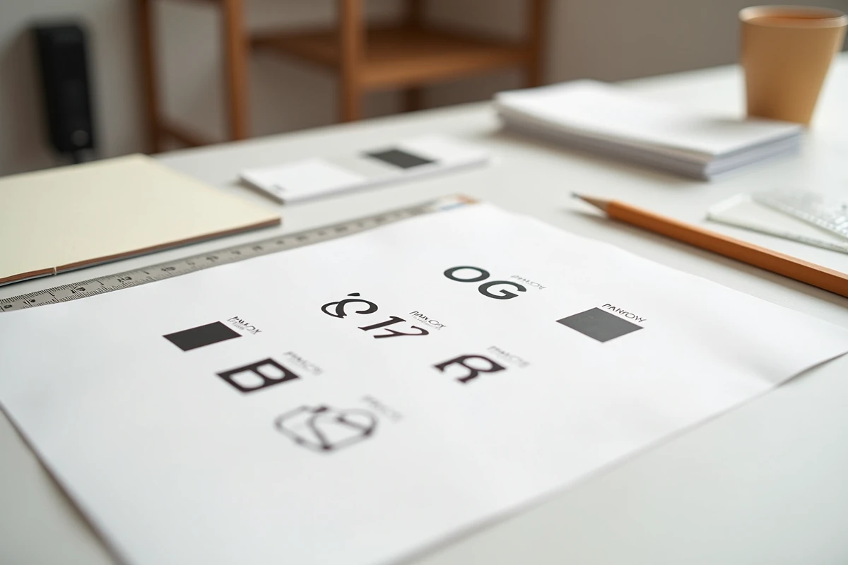 Vue à plat d'un kit d'identité visuelle avec variantes de logo, nuancier Pantone et outils graphiques sur table à dessin