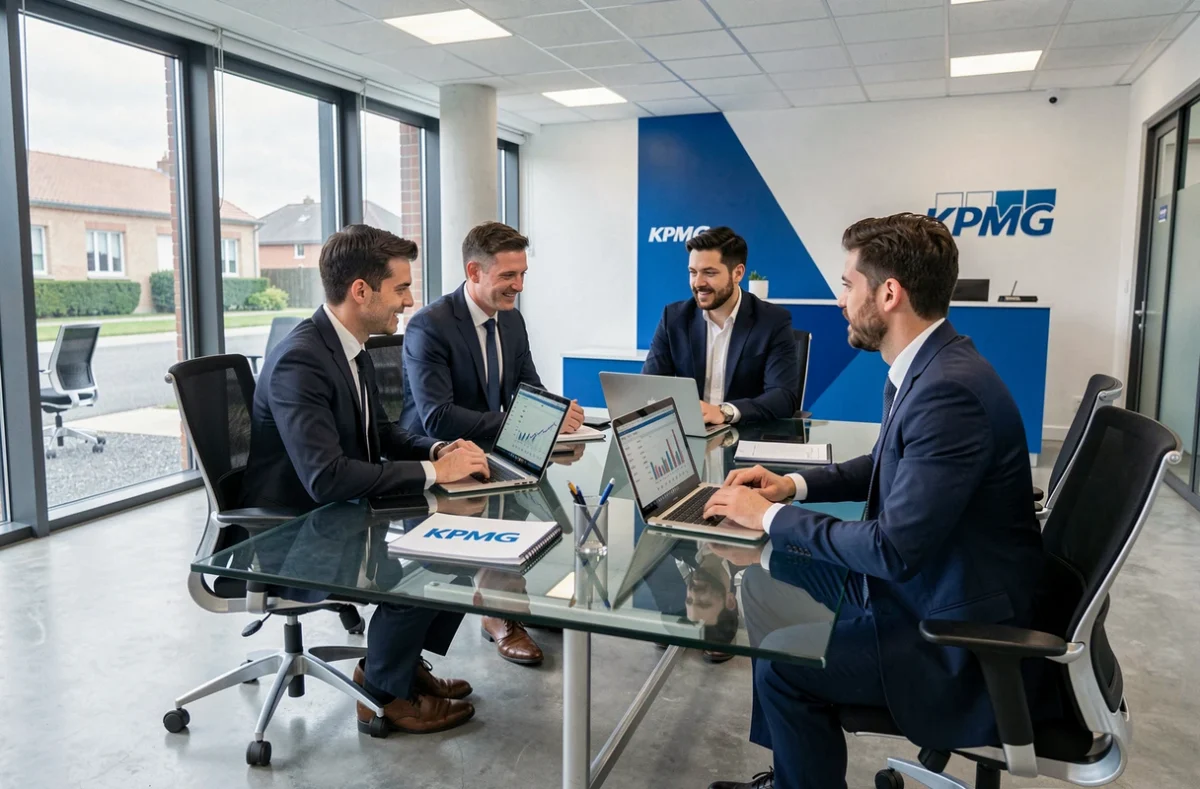 Équipe de professionnels de KPMG Évreux réunis dans un espace de travail collaboratif moderne avec branding corporate