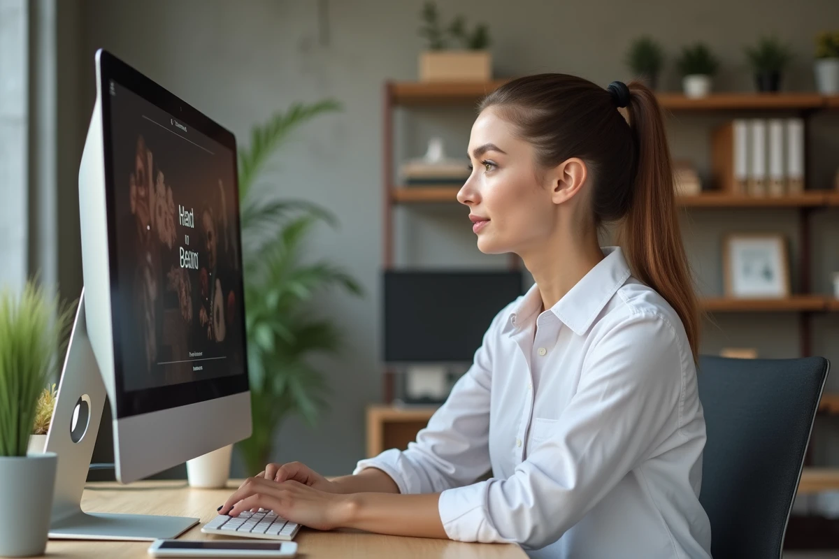 Femme entrepreneur analysant une stratégie de lancement de marque sur un ordinateur dans un espace de co-working moderne