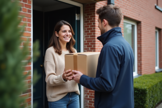 Femme belge souriante recevant un colis devant sa maison