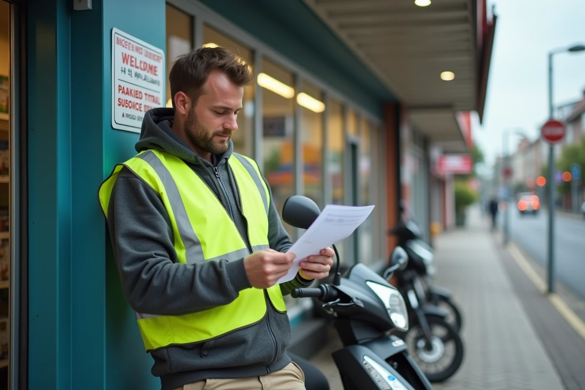 Livreur à scooter lisant un contrat de prestataire avant de débuter pour Uber Eats