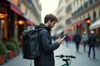 Jeune livreur Uber Eats consultant son smartphone à vélo dans une rue parisienne
