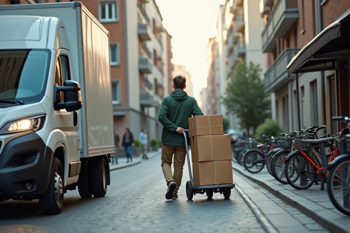Livreur en ville belge poussant une charrette de colis