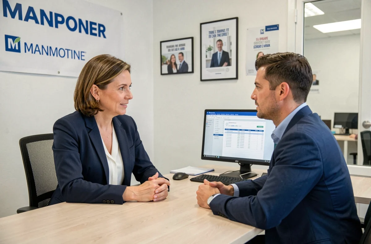 Consultante Manpower Toulon en entretien de recrutement avec un candidat dans un bureau professionnel