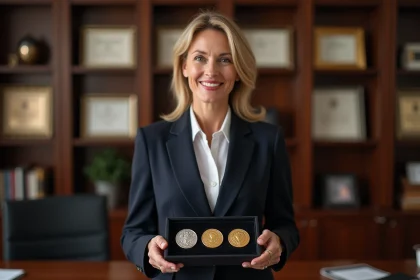 Femme &eacute;l&eacute;gante avec m&eacute;dailles du travail en bureau