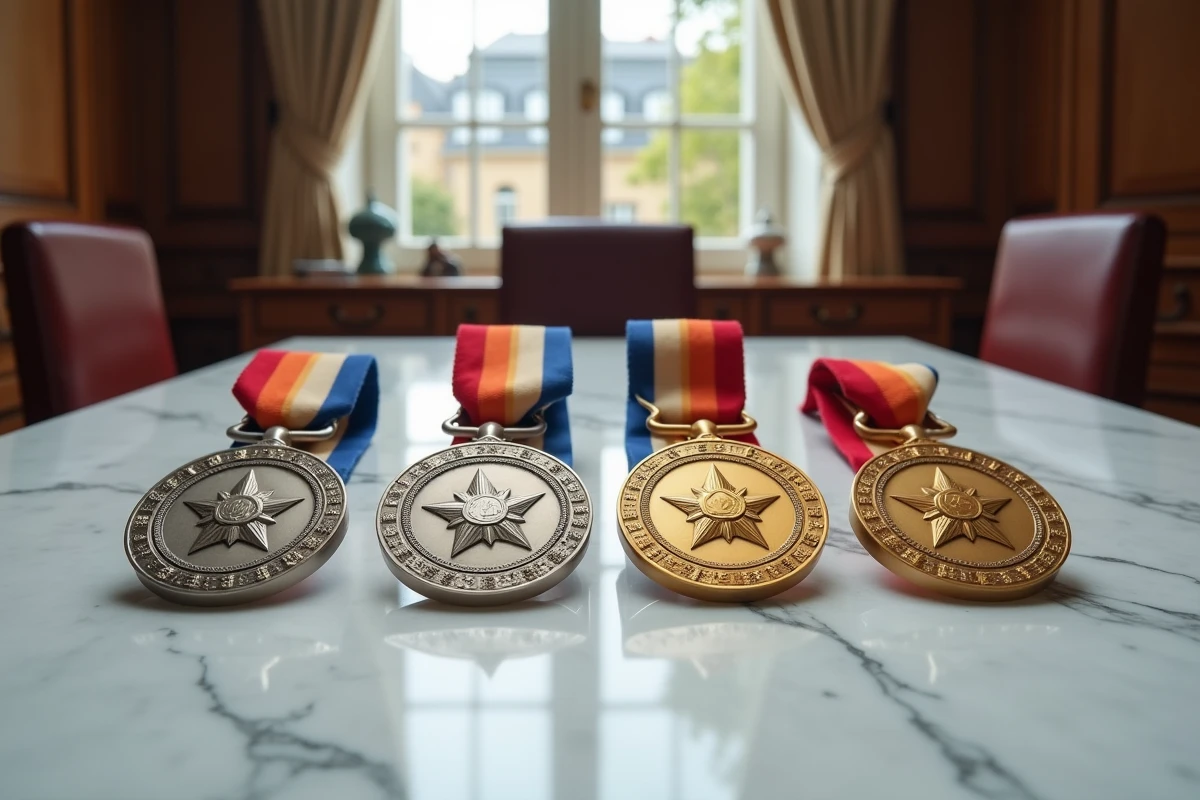 Medailles du travail align&eacute;es sur un marbre blanc