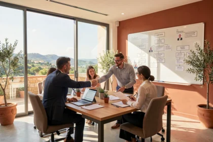 Bureau de recrutement moderne dans le Var avec des professionnels RH en réunion devant un paysage méditerranéen
