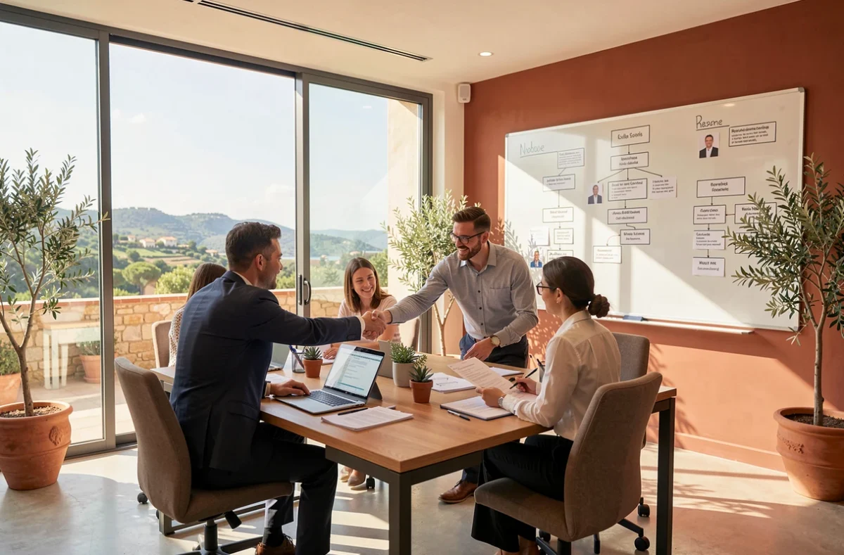 Bureau de recrutement moderne dans le Var avec des professionnels RH en réunion devant un paysage méditerranéen