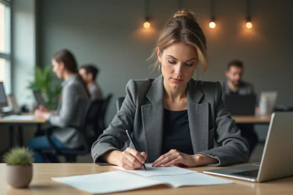 Femme en blazer gris écrivant un message de condoléances à la main dans un bureau professionnel moderne