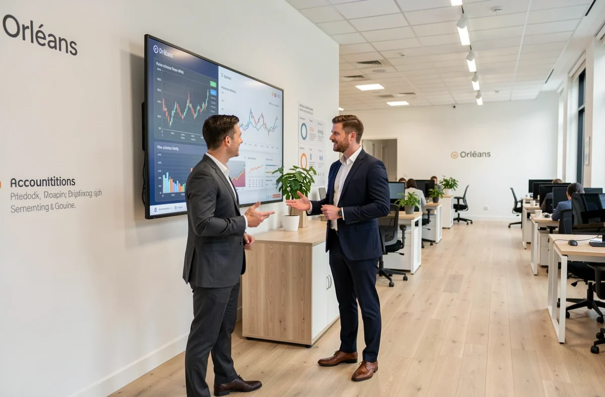 Professionnels du cabinet Movo Groupe Orléans analysant des indicateurs financiers sur un tableau de bord numérique