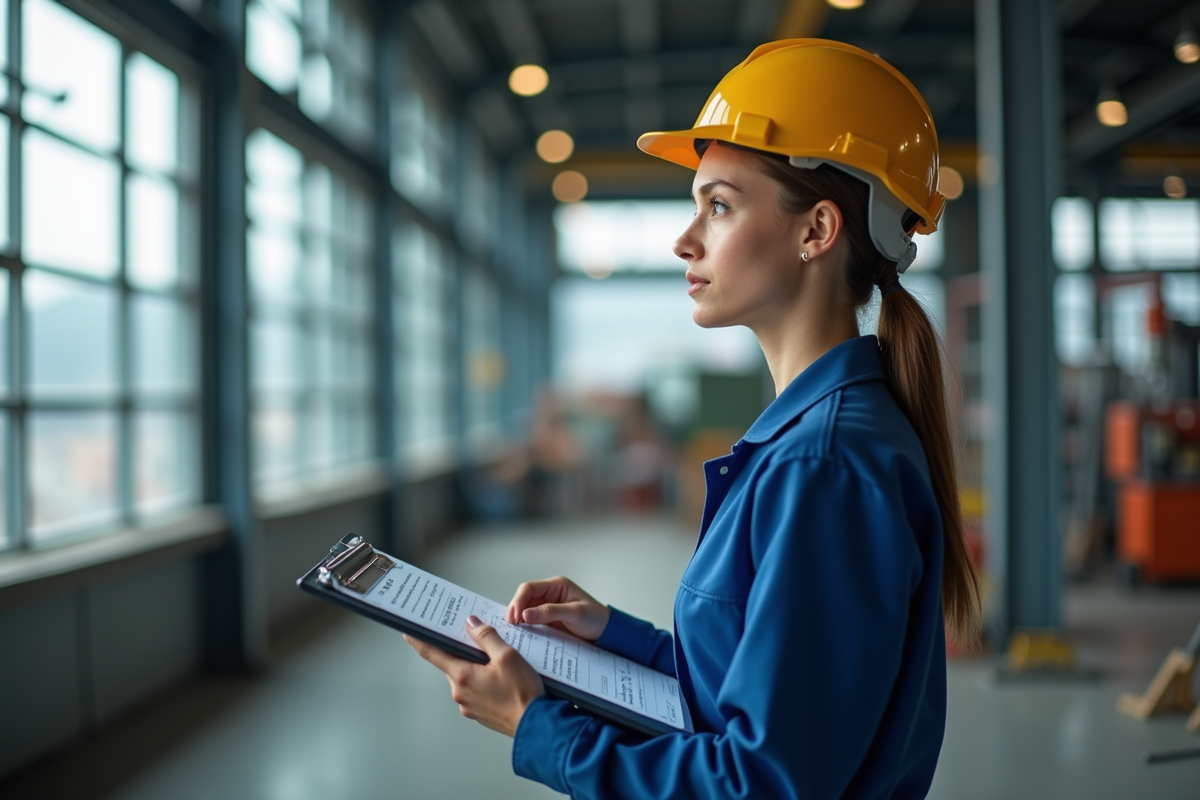 Jeune femme ouvrier dans son environnement industriel
