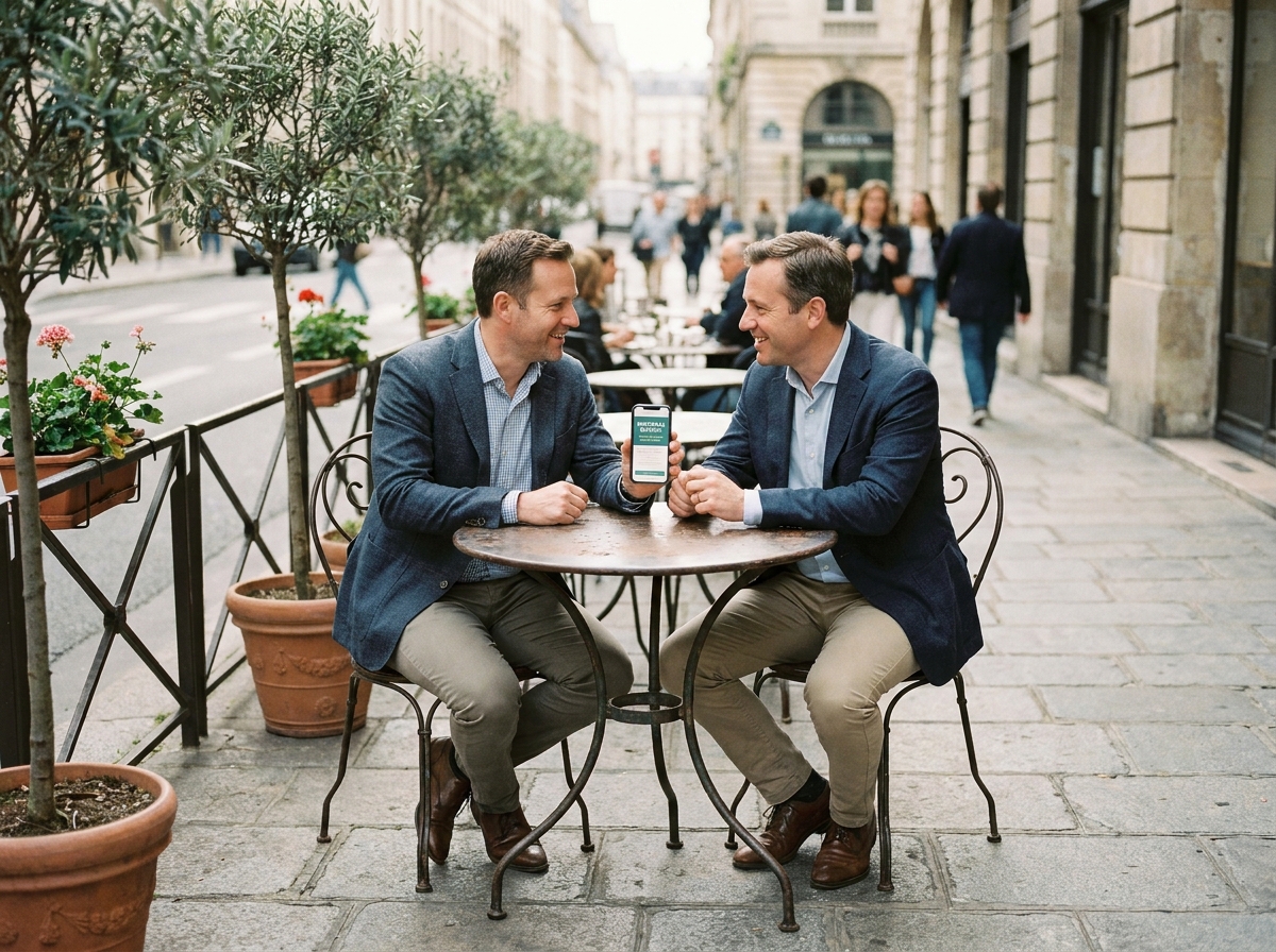 Deux hommes discutant d'une offre de parrainage sur smartphone en terrasse de café, illustrant le marketing de recommandation