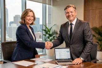Deux professionnels signant un partenariat commercial après vérification des informations d'entreprise sur Pappers