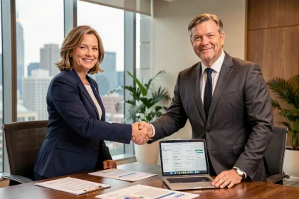 Deux professionnels signant un partenariat commercial après vérification des informations d'entreprise sur Pappers