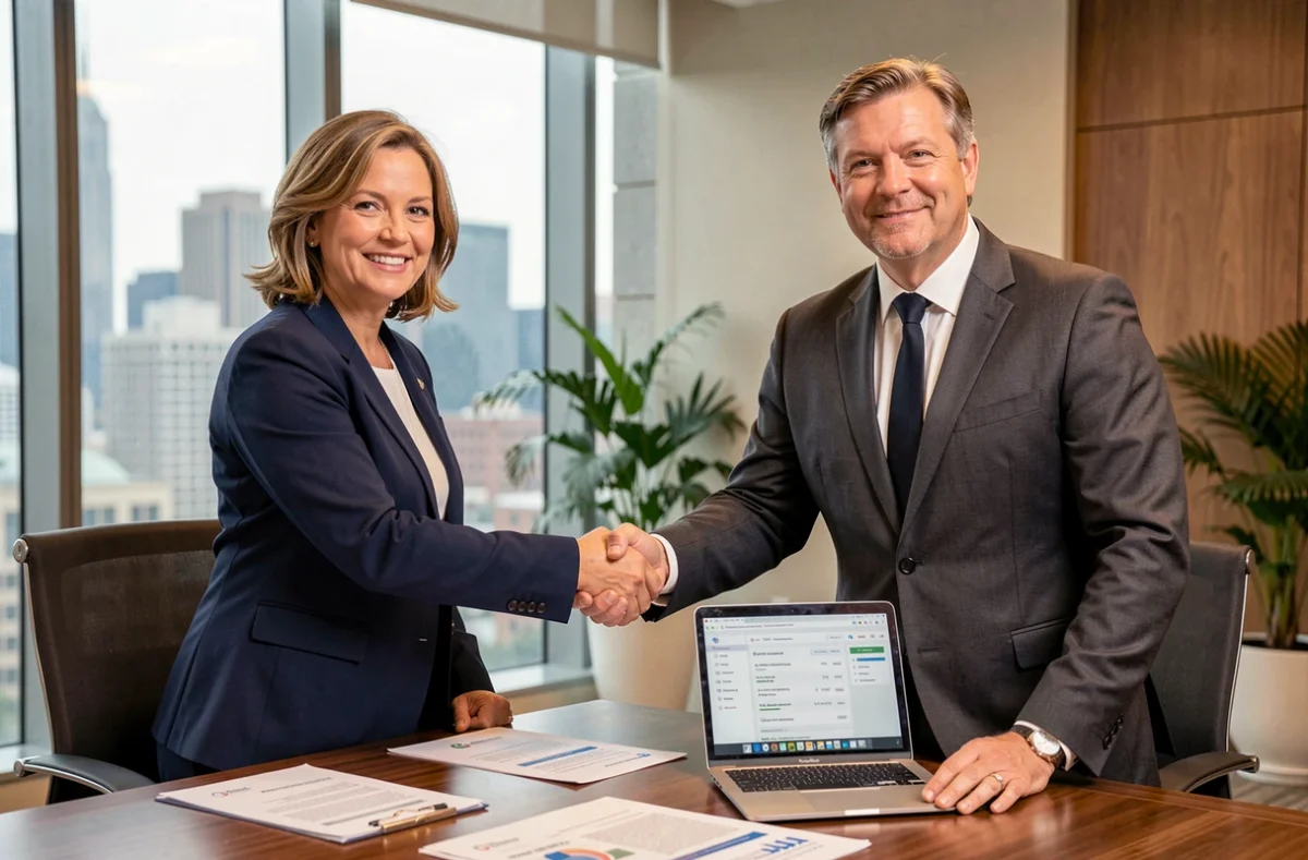 Deux professionnels signant un partenariat commercial après vérification des informations d'entreprise sur Pappers