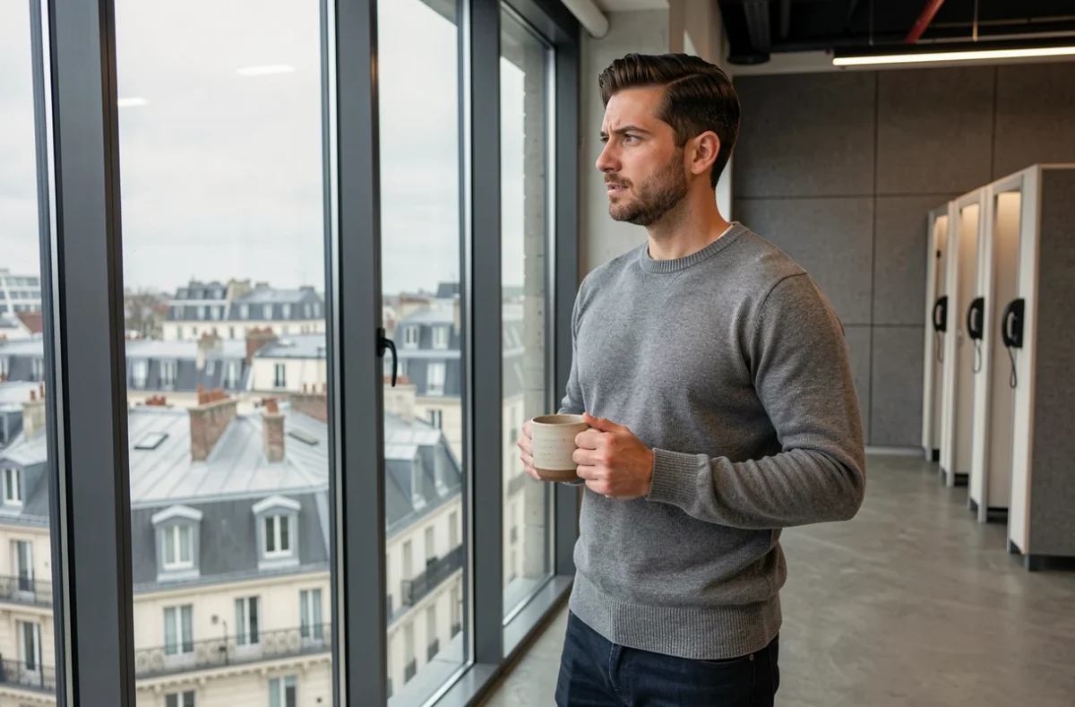 Professionnel en pause café dans un coworking avec vue sur les toits de Paris près de la gare Saint-Lazare