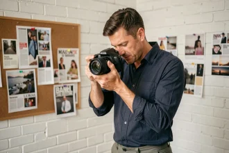 Photographe professionnel tenant un reflex plein format dans un studio éditorial moderne, consultant ses images avec concentration