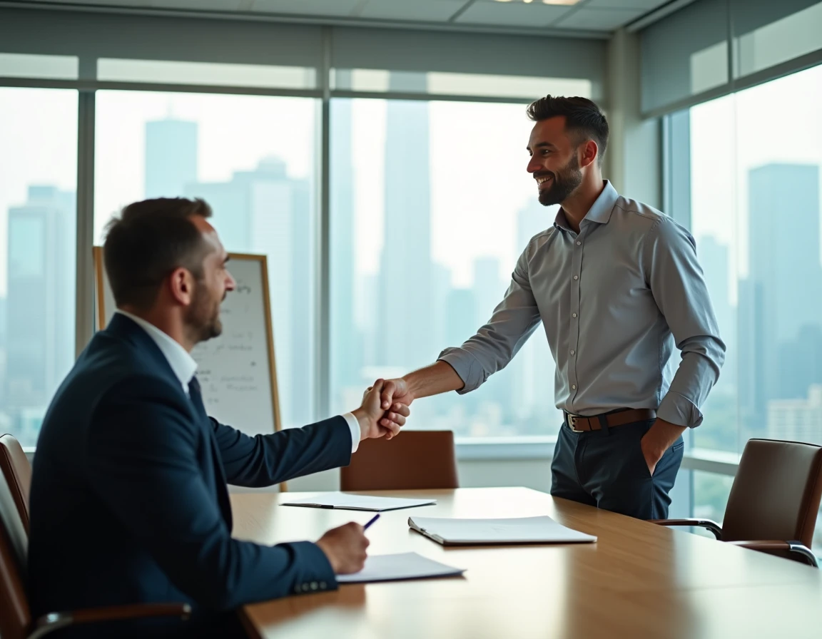 Poignée de main entre un employé et un responsable RH symbolisant la validation d'un passage en CDI