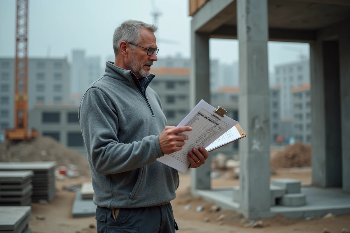 Professionnel du BTP sur un chantier actif tenant un devis de coût et pointant des éléments structurels, avec des échafaudages et des matériaux de construction visibles en arrière-plan