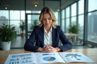 Professionnelle analysant des indicateurs économiques territoriaux sur des cartes et graphiques dans un bureau municipal moderne