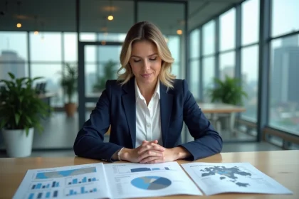 Professionnelle analysant des indicateurs économiques territoriaux sur des cartes et graphiques dans un bureau municipal moderne