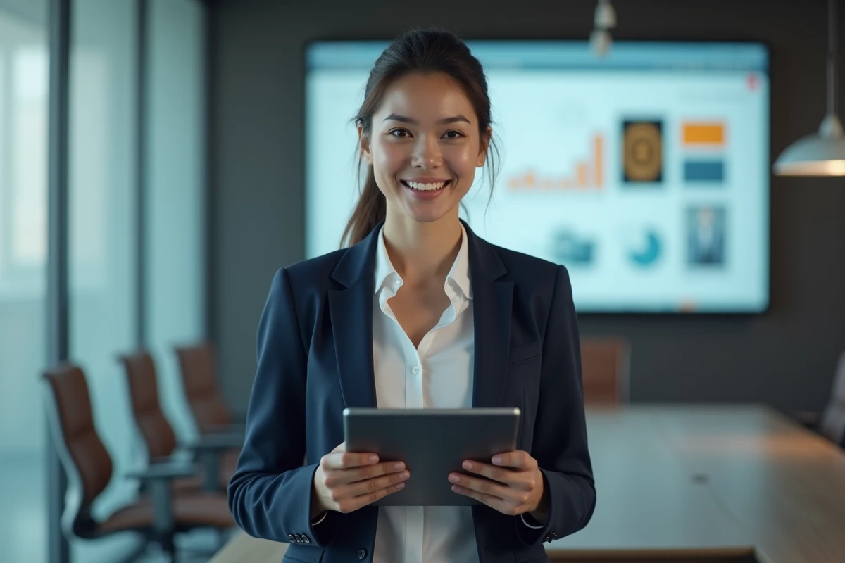 Professionnelle marketing présentant des directives de logo sur écran digital dans une salle de réunion moderne