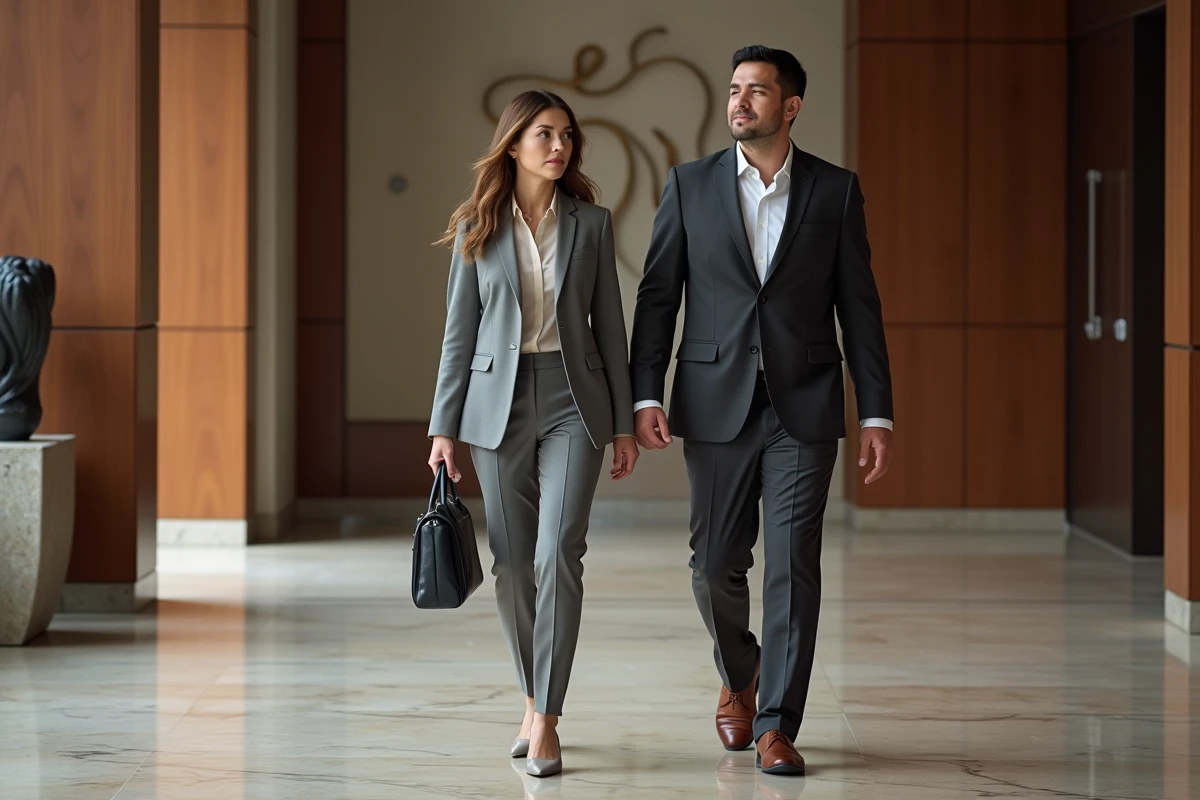 Deux professionnels marchant dans un lobby élégant et moderne